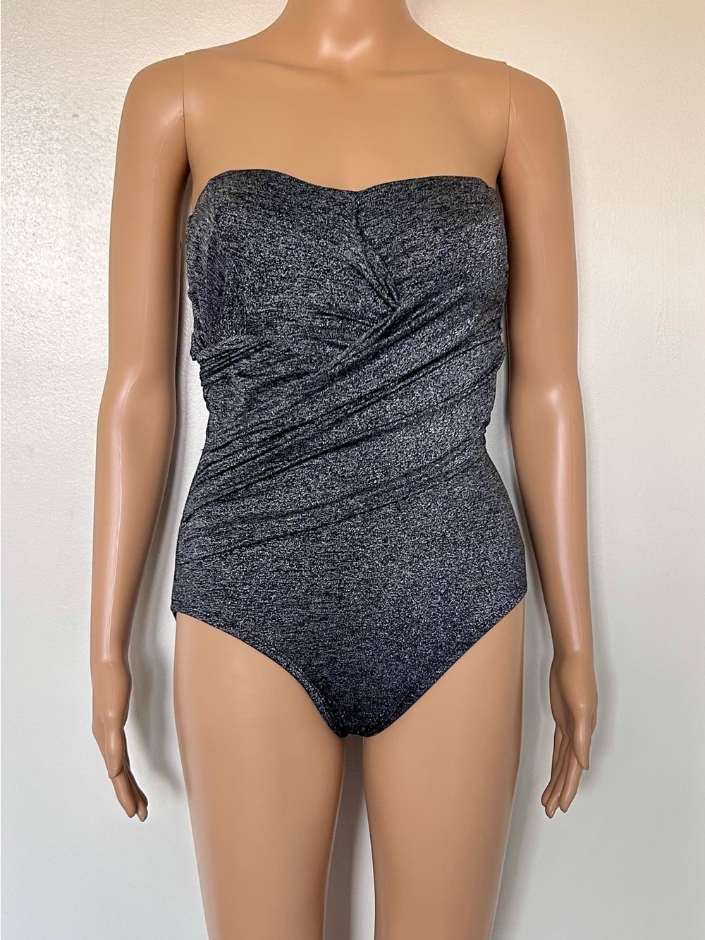 LANDS’ END Black Silver Metallic SlenderSuit Bandeau One Piece Swimsuit - US 2-4